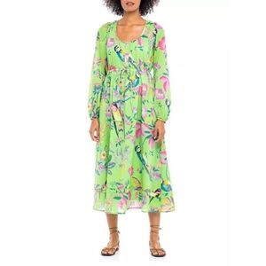 Banjanan Green Tropical Bird Floral Print Cotton Tessa Dress Women's Size Medium